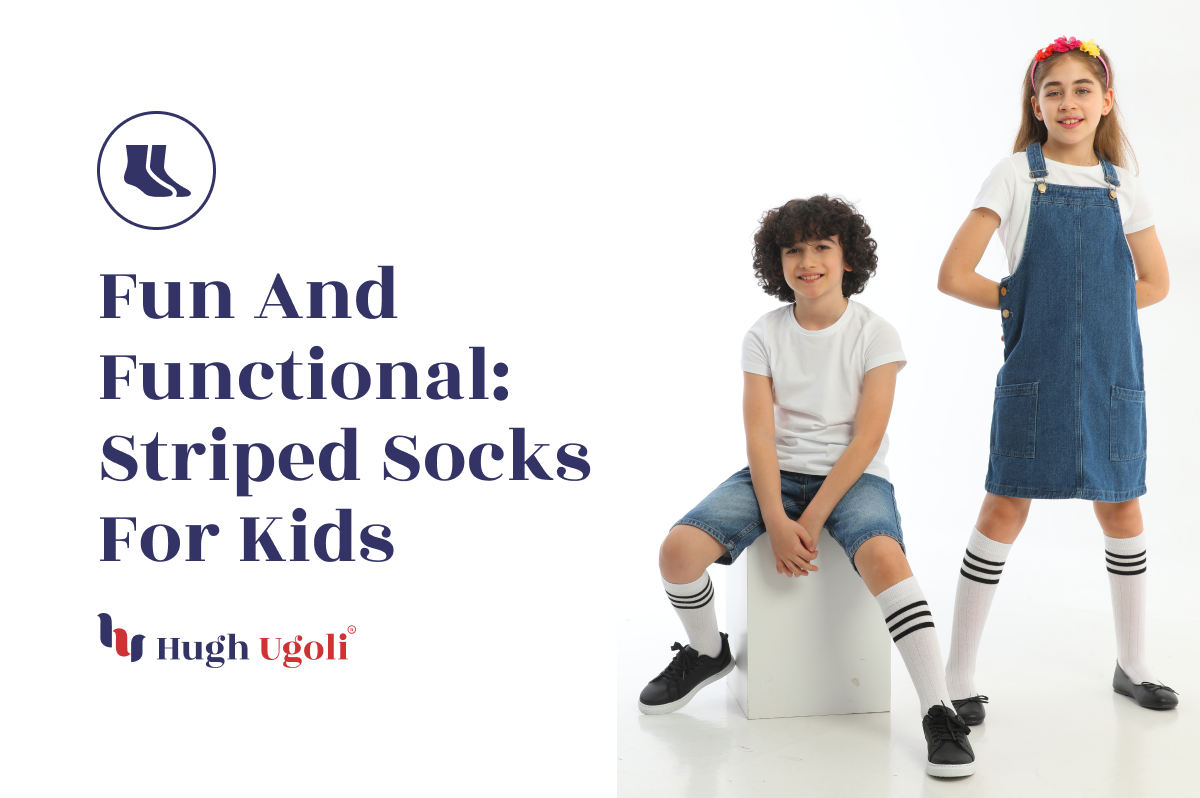 Two children in casual attire, both wearing knee-high white socks with black stripes, showcasing the fun and functional design of striped socks for kids.